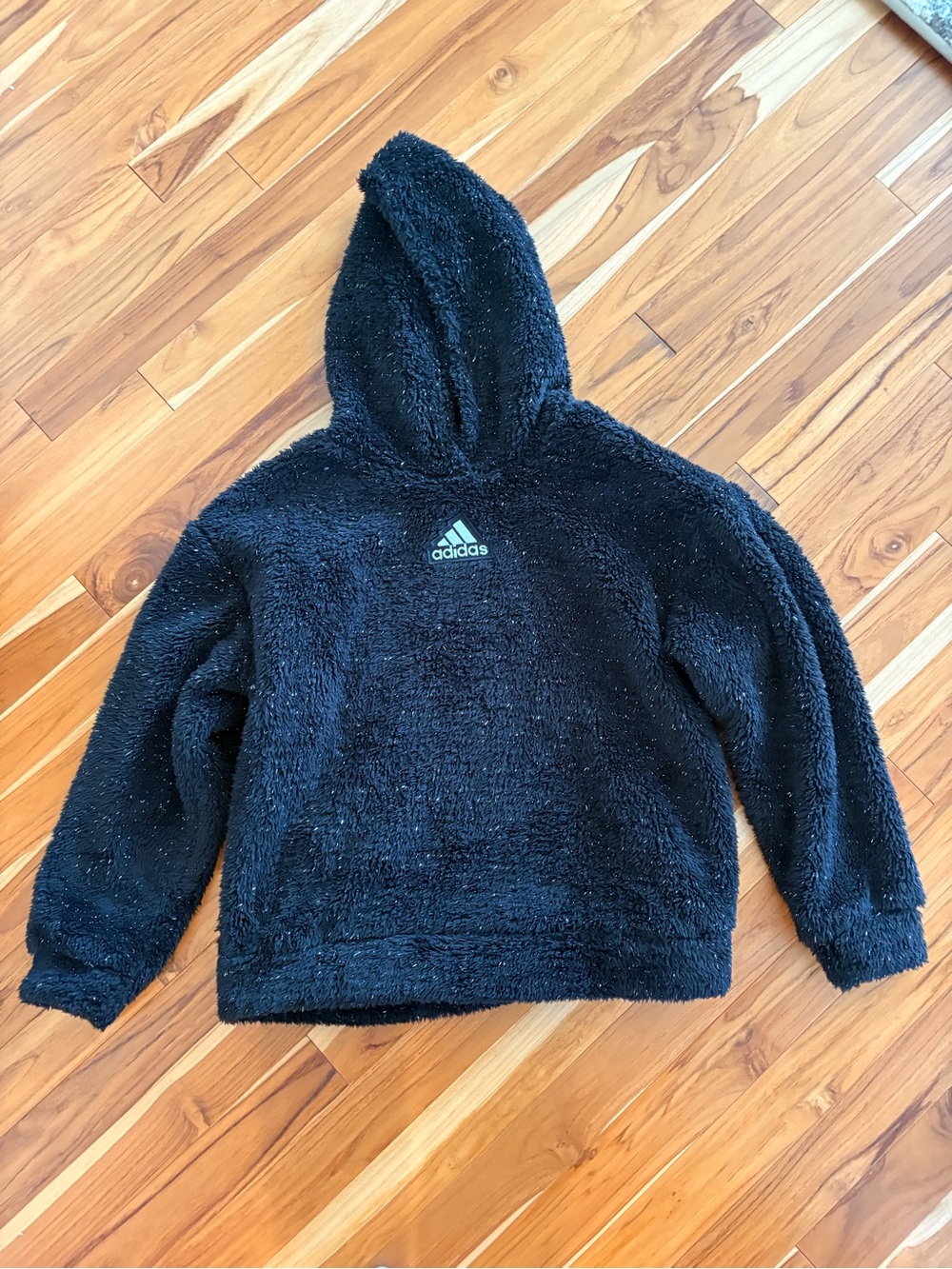 Adidas Girl's Size Large (14) Black Metallic Cozy Furry Lurex Sherpa Hoodie